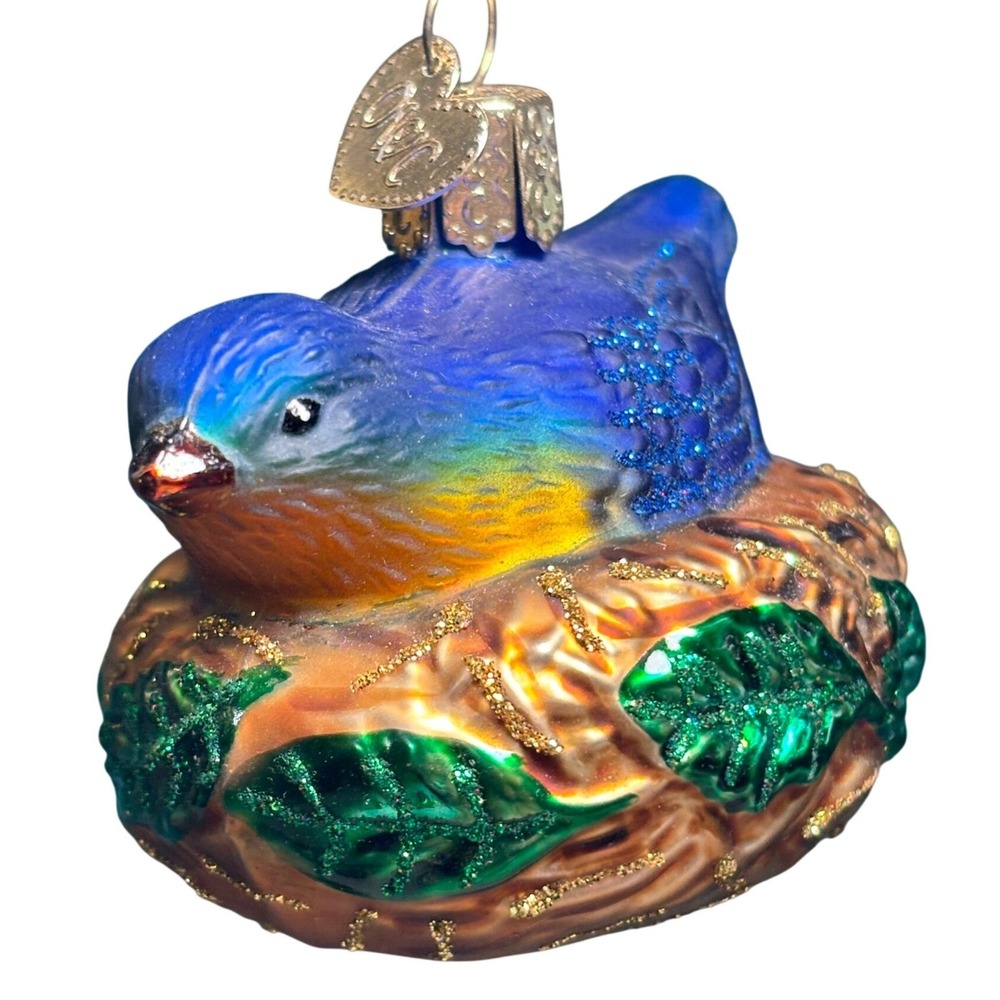 Old‎ World Christmas Ornament Blue Bird in Nest Glass Glitter Blue Gold Green